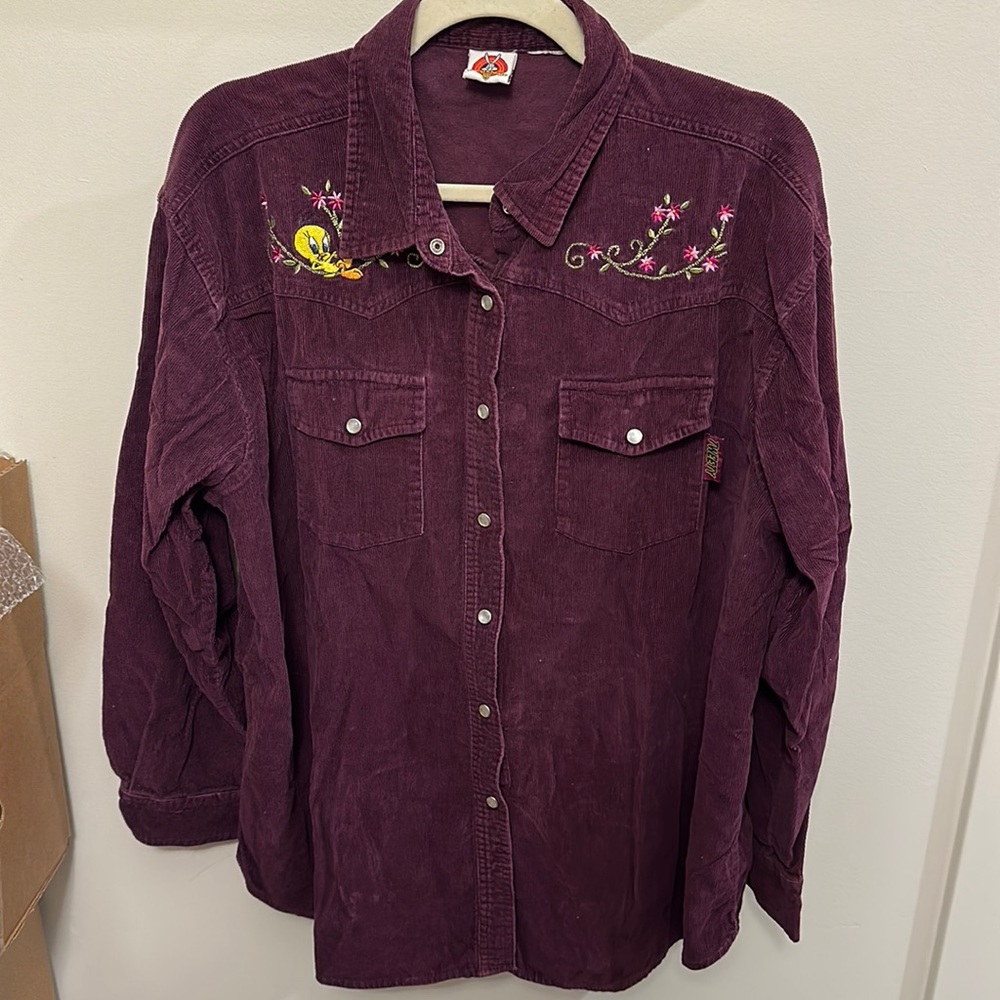 🐥 Vintage 90s Looney Tunes Tweety Corduroy Western Shirt Purple Embroidered